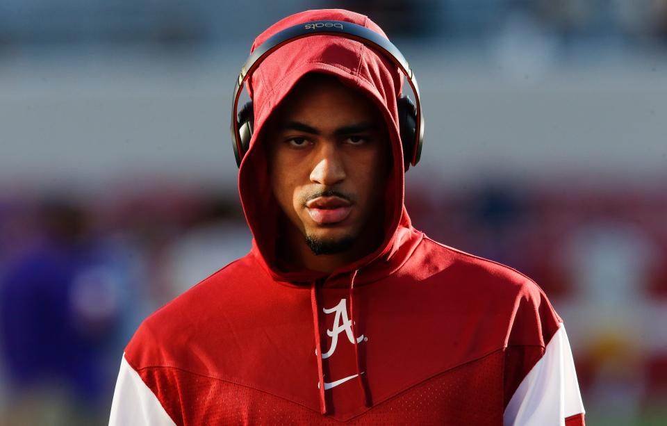 Nov 6, 2021; Tuscaloosa, Alabama, USA;  Alabama quarterback Bryce Young (9) works to get himself focused before the game with LSU at Bryant-Denny Stadium. Mandatory Credit: Gary Cosby Jr.-USA TODAY Sports