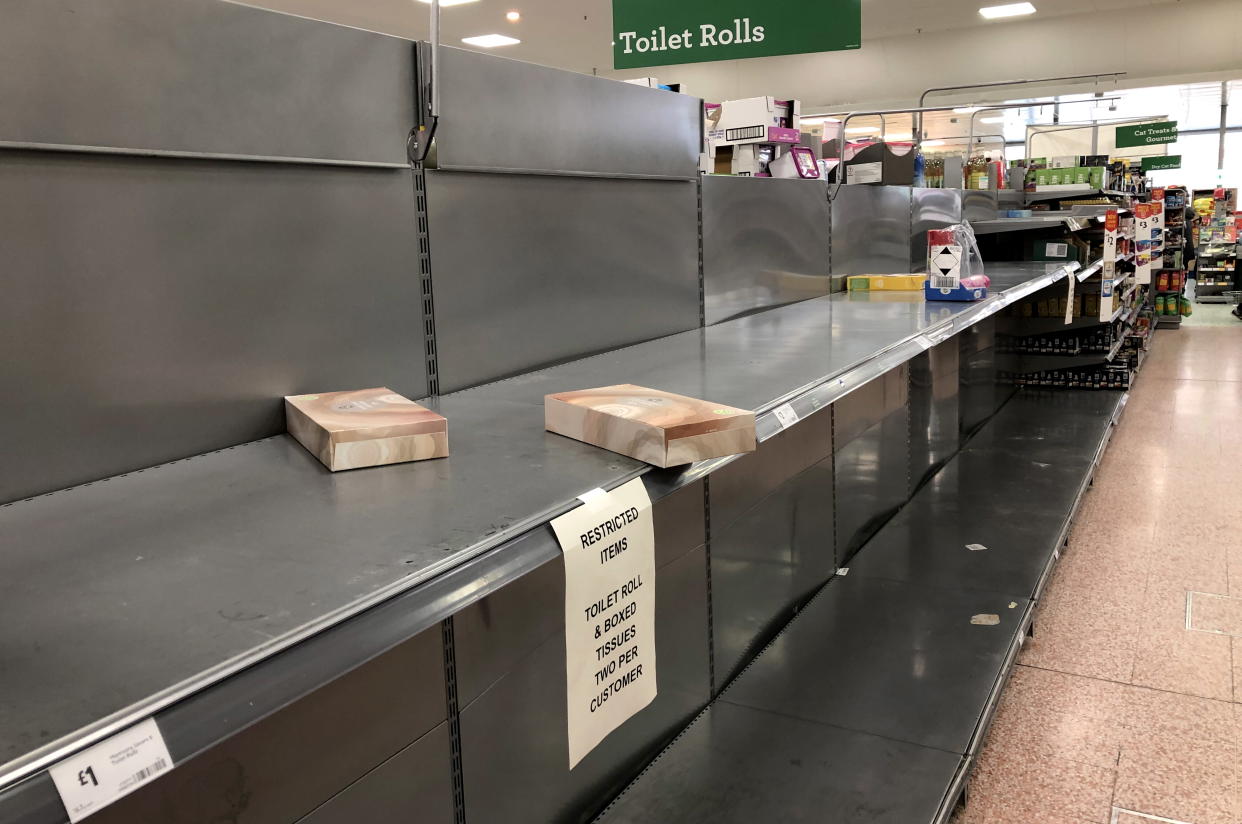 LONDON, UNITED KINGDOM - MARCH 16, 2020: Empty shelves in a store in London as shoppers stockpile tinned food and basic consumer goods for fears of a potential quarantine due to an outbreak of the novel coronavirus (COVID-19). Ilya Dmitryachev/TASS (Photo by Ilya Dmitryachev\TASS via Getty Images)