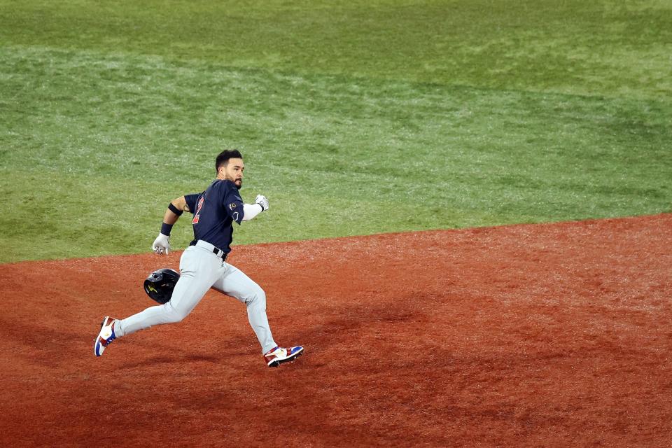 Eddy Alvarez #2 of Team United States runs to second base for a double in the seventh inning against Team Israel during the baseball opening round Group B game on day seven of the Tokyo 2020 Olympic Games at Yokohama Baseball Stadium on July 30, 2021 in Yokohama, Kanagawa, Japan. 