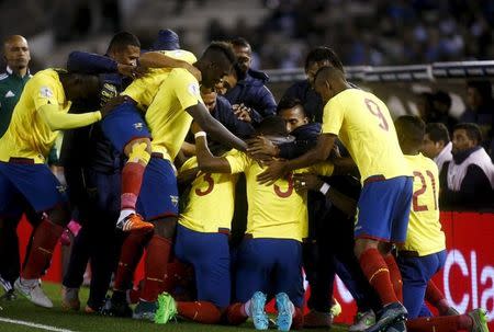 Ecuador's Frickson Erazo (3) is congratulated by teammates after scoring a goal during their 2018 World Cup qualifying soccer match against Argentina at the Antonio Vespucio Liberti stadium in Buenos Aires, Argentina, October 8, 2015. REUTERS/Agustin Marcarian