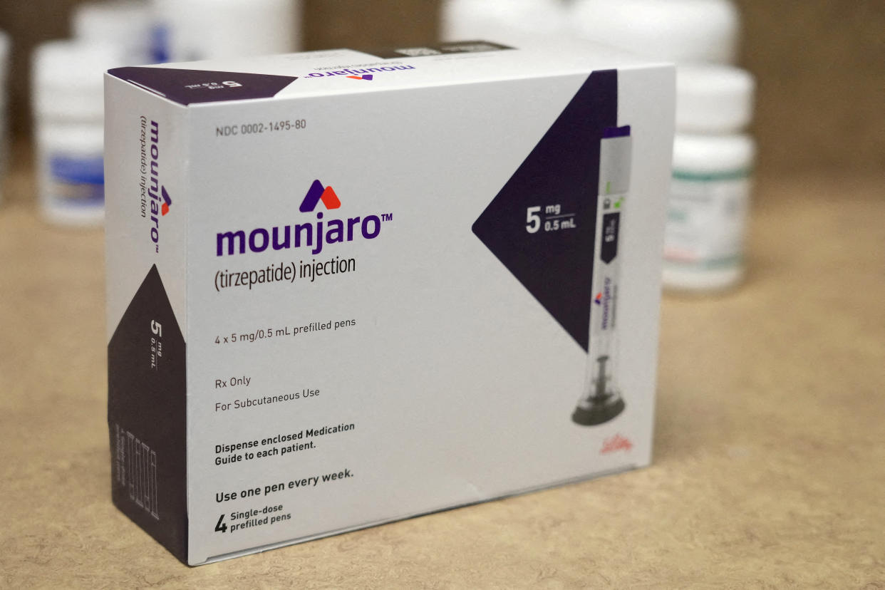 FILE PHOTO: A box of Mounjaro, a tirzepatide injection drug used for treating type 2 diabetes made by Lilly is seen at Rock Canyon Pharmacy in Provo, Utah, U.S. March 29, 2023. REUTERS/George Frey