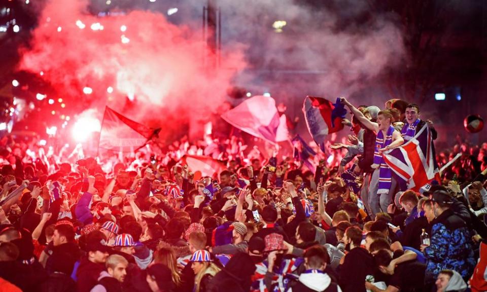 Rangers fans celebrate in Glasgow.