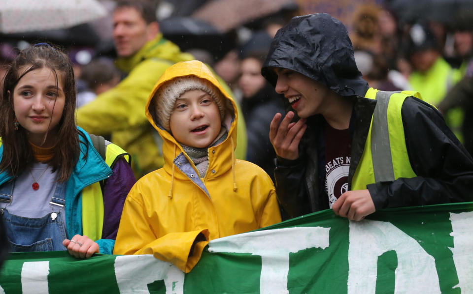 (centre) Environmental activist Greta Thunberg interacts with other youngsters during a Bristol Youth Strike 4 Climate protest in Bristol. Picture date: Friday February 28, 2020. Photo credit should read: EMPICS/EMPICS Entertainment