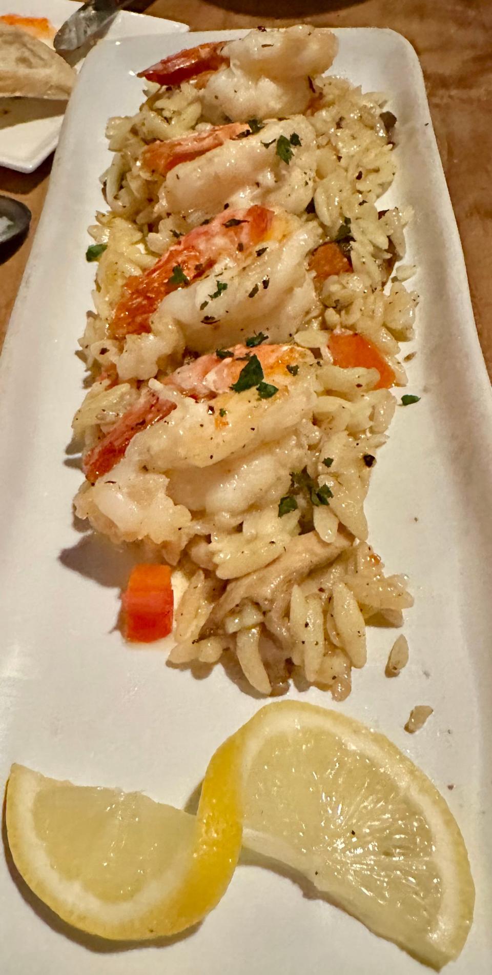 On the small plates menu at H2 Huth & Harris is this shrimp scampi with mushroom and red pepper orzo that was very satisfying.