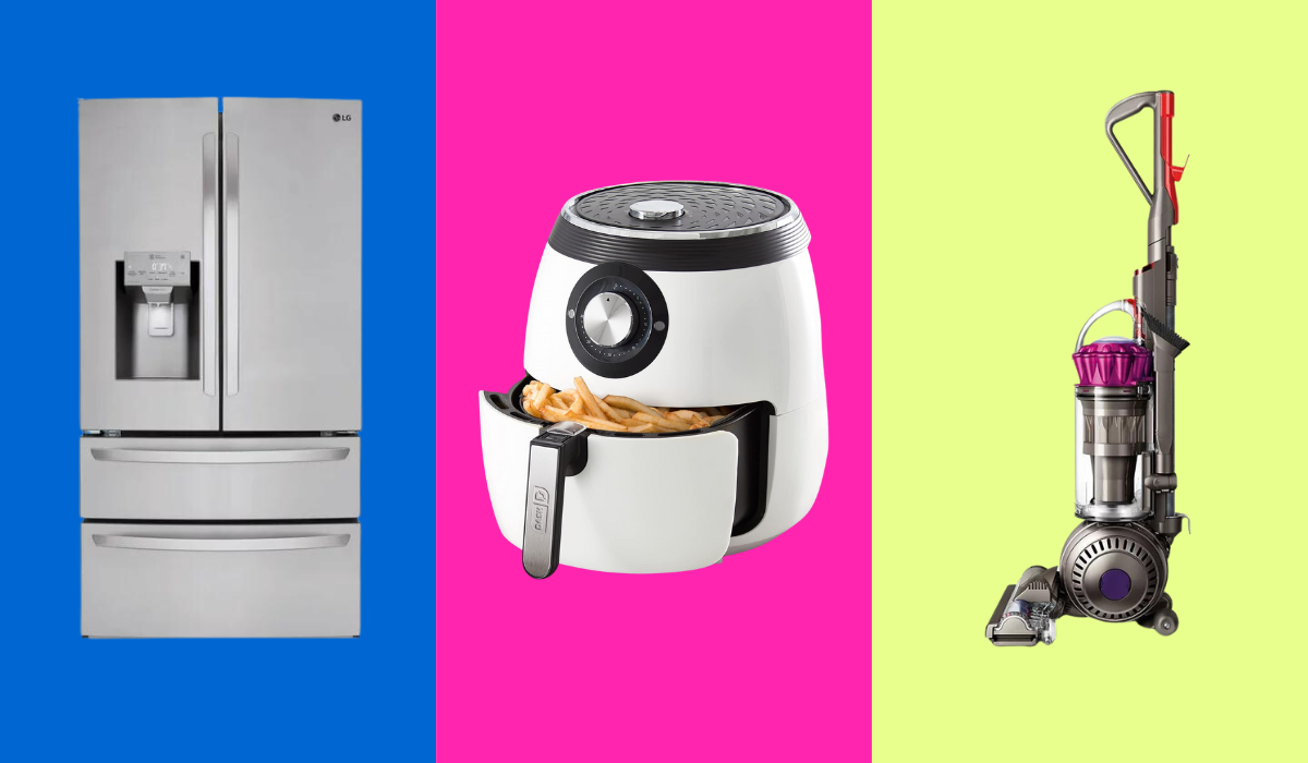 4th of july appliance sale items: a fridge, air fryer, and dyson vacuum