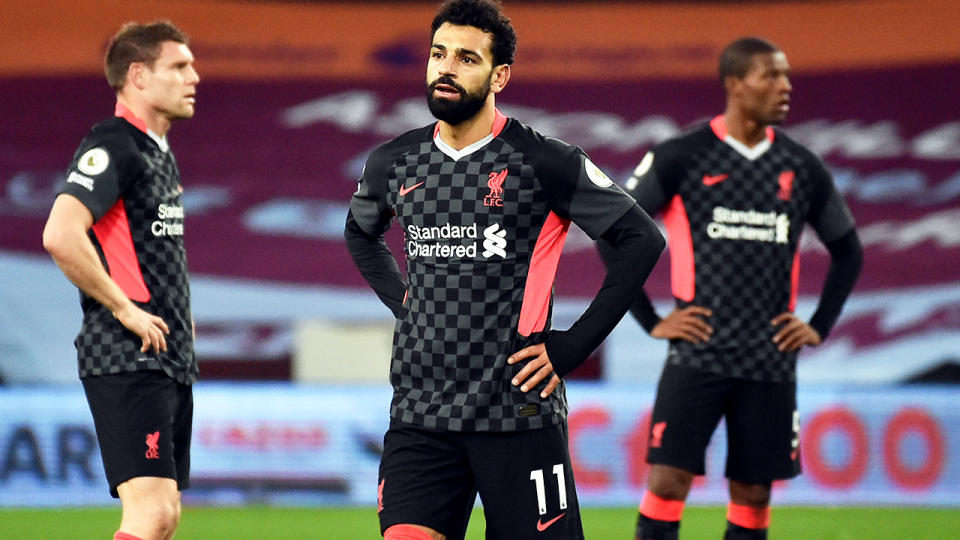 Mohamed Salah, pictured here after Liverpool conceded a seventh goal against Aston Villa.