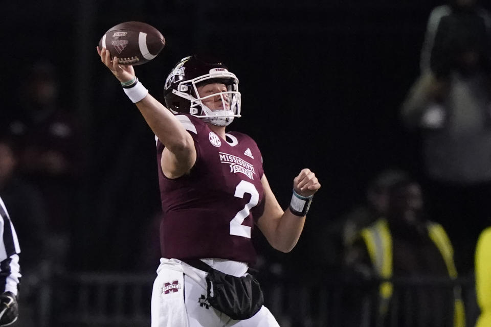 Mississippi State quarterback Will Rogers (2) passes against Georgia during the first half of an NCAA college football game in Starkville, Miss., Saturday, Nov. 12, 2022. (AP Photo/Rogelio V. Solis)