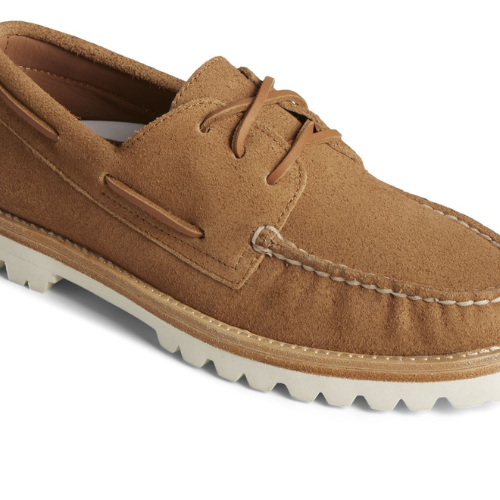 light brown suede boat shoe