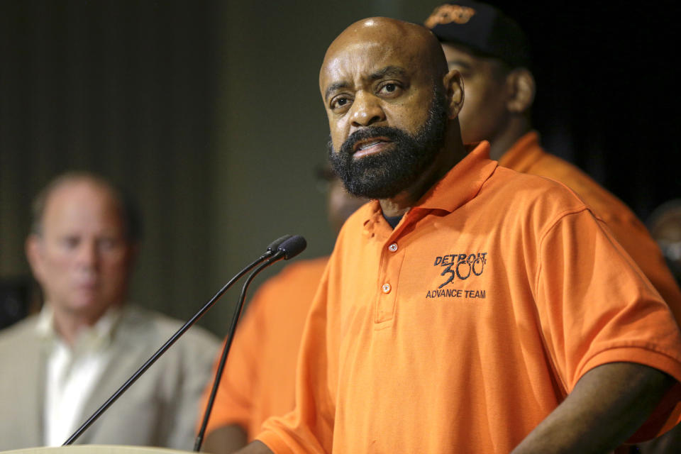 Martin Jones, spokesperson for Detroit 300 community action team, speaks during a press conference, Friday, June 7, 2019, at the Detroit Police Headquarters in Detroit, addressing the police response to a possible serial killer. Investigators believe a "serial murderer and rapist" targeting prostitutes is at large in Detroit. (Kimberly P. Mitchell/Detroit Free Press via AP)