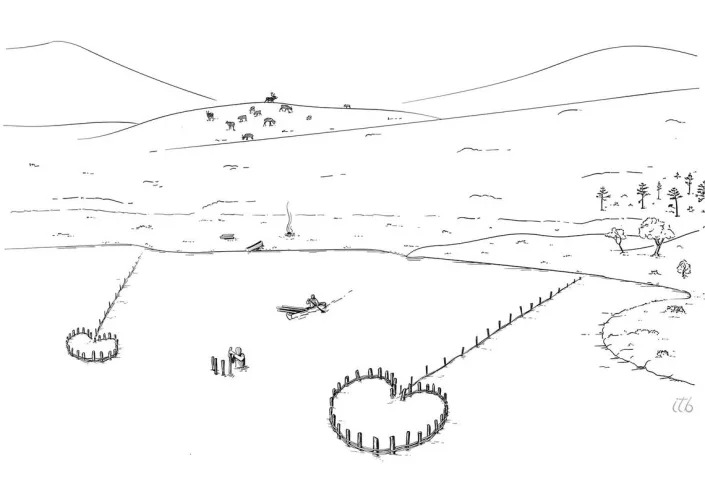 An illustration shows what the fish traps (circular structures) probably looked like 7,000 years ago.