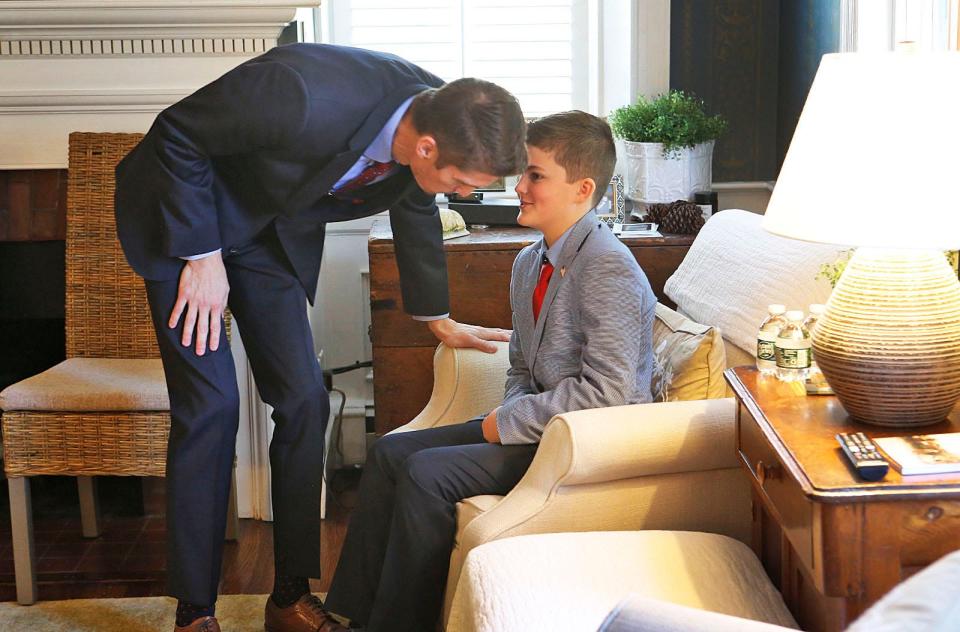 Dad David Stuckenberg talks with his eleven year old son Ethan after his speech.
David Stuckenberg of Florida declares his candidacy for President in Plymouth with his family and minister by his side on Wednesday, Nov. 8, 2023