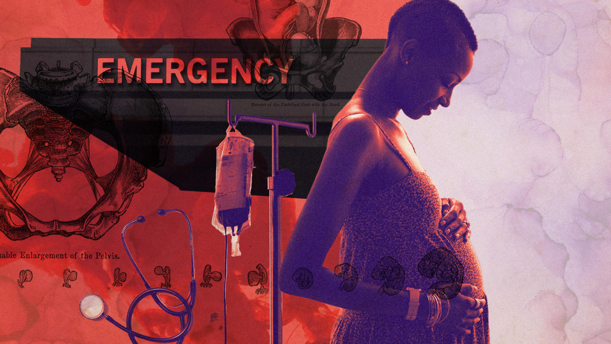  Photo collage of a Black woman cradling her pregnant belly, medical illustrations of pelvises and pregnancies, an IV drip, and an emergency room. In the background, there are crimson swirls reminiscent of blood. 