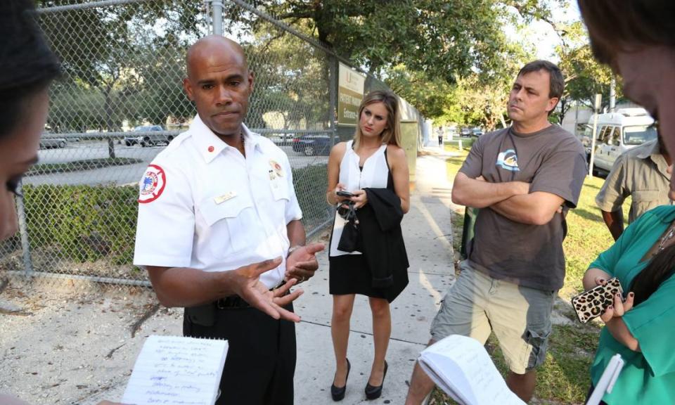 Captain Iggy Carroll, the public information officer with the the City of Miami Fire Department, talks to the press about a sick person under 18 who traveled to the U.S. from West Africa and has been admitted to two South Florida hospitals Sunday, Oct. 5, 2014.