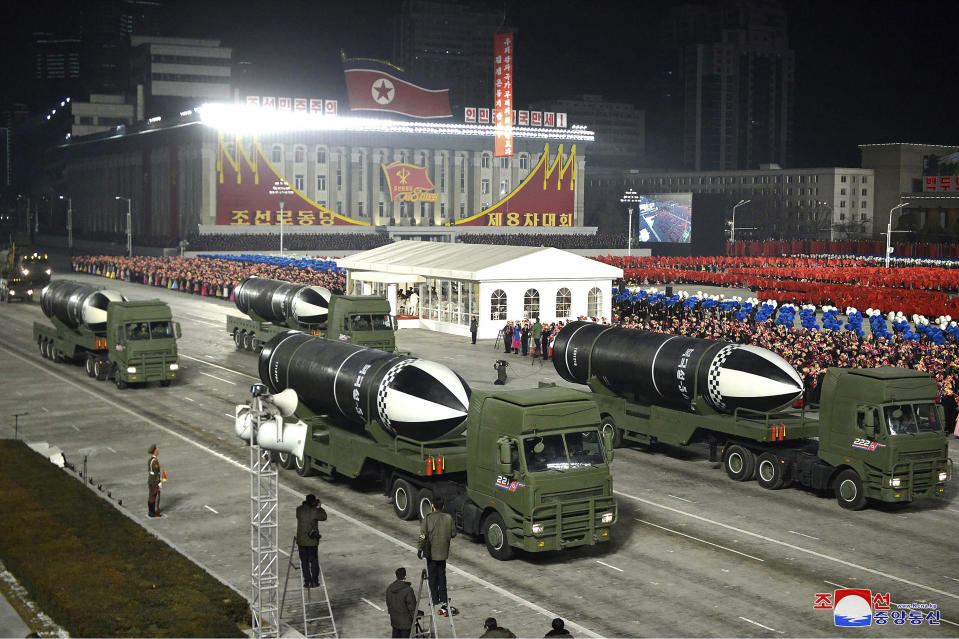 FILE - This Jan. 14, 2021, file photo provided by the North Korean government shows missiles during a military parade marking the ruling party congress, at Kim Il Sung Square in Pyongyang, North Korea. Last year was a disaster for North Korean leader Kim Jong Un, who helplessly watched his country's economy decay amid pandemic border closures while brooding over the collapse of made-for-TV summits with former President Donald Trump that failed to lift sanctions from his country. Now he must start over with President Joe Biden, who has previously called him a thug and accused Trump of chasing spectacles instead of meaningful reductions of Kim’s nuclear arsenal. Korean language watermark on image as provided by source reads: "KCNA" which is the abbreviation for Korean Central News Agency. (Korean Central News Agency/Korea News Service via AP, File)