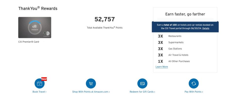 Screenshot of Citi ThankYou points redemption options including travel from a Citi Premier card online account.