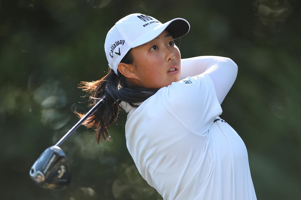 Ruoning Yin of China plays her shot from the 11th tee during the third round of the CME Group Tour Championship at Tiburon Golf Club on November 18, 2023 in Naples, Florida. (Photo by Michael Reaves/Getty Images)