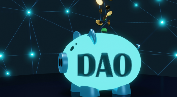 A concept image of a glowing blue piggy bank with money flowing into it with "DAO" written on it. A network of glowing points of light can be seen in the background.