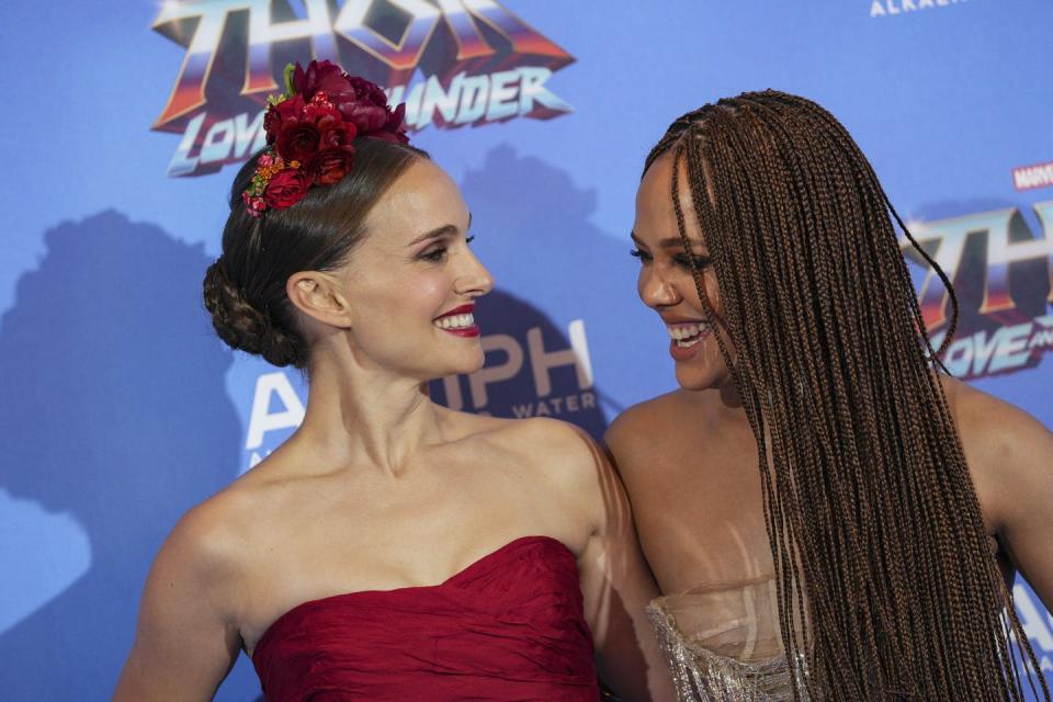 Foster (Natalie Portman) finds new life as a Valkyrie in New Asgard, ruled by King Valkyrie (Tessa Thompson). (AP Photo/Scott Garfitt)