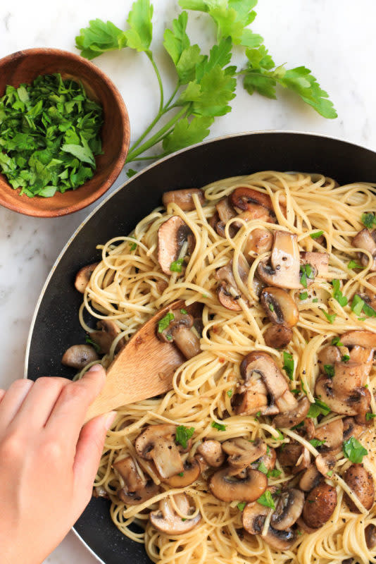 <p>Dish by Dish</p><p>Mushroom spaghetti aglio olio: a simple but incredibly tasty and fulfilling meal that you can make from scratch in just 40 minutes. Best of all, it’s gluten-free and vegan too!</p><p><strong>Get the recipe: <a href="https://www.dishbydish.net/mushroom-spaghetti-aglio-olio-gluten-free-vegan/" rel="nofollow noopener" target="_blank" data-ylk="slk:Mushroom Spaghetti Aglio Olio;elm:context_link;itc:0;sec:content-canvas" class="link rapid-noclick-resp">Mushroom Spaghetti Aglio Olio</a></strong></p>