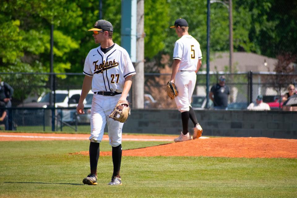 Canute's Kyron Whinery and Colt Randall before the first pitch of the seventh inning on May 7, 2022. James D. Jackson/The Oklahoman.