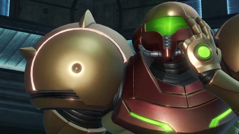 Samus in Metroid Prime Remastered stares ahead.