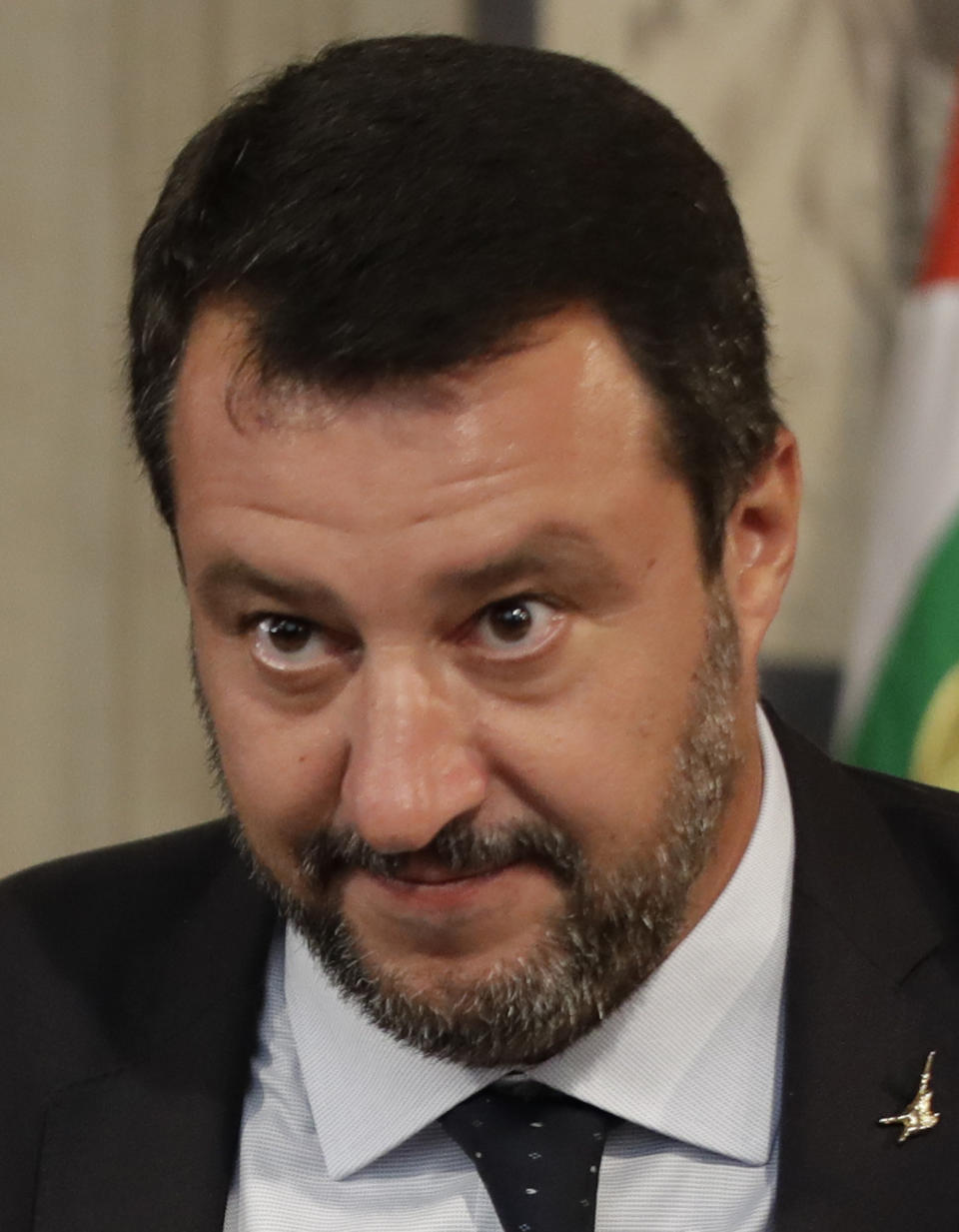 The League party leader Matteo Salvini talks to the press after meeting Italian President Sergio Mattarella, in Rome, Thursday, Aug. 22, 2019. President Sergio Mattarella continued receiving political leaders Thursday, to explore if a solid majority with staying power exists in Parliament for a new government that could win the required confidence vote. (AP Photo/Alessandra Tarantino)