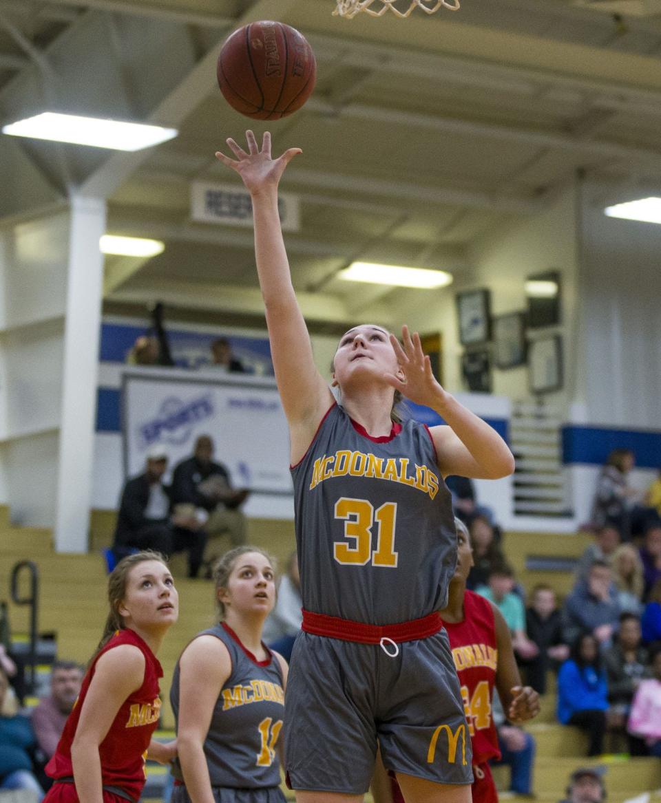 Northridge’s Morgan Litwiller puts up a shot for the Gray team during the McDonald’s Michiana High School All-Star girls basketball game at Bethel College in this 2019 file photo.