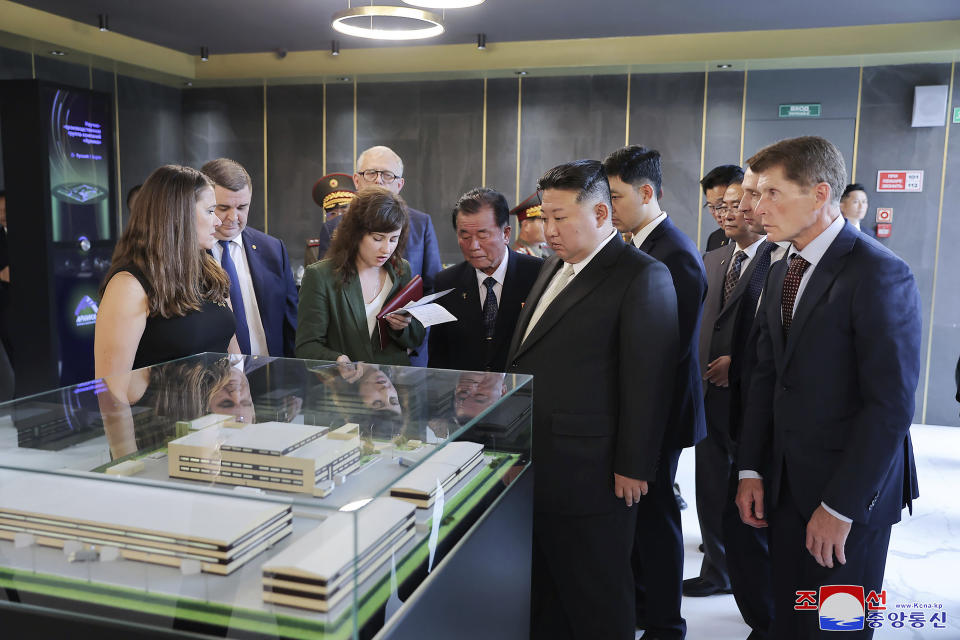 In this photo provided by the North Korean government, North Korea leader Kim Jong Un, second right in front, visits the Arnika Bio-Feed Mill in Vladivostok, Russian Far East Sunday, Sept. 17, 2023. Independent journalists were not given access to cover the event depicted in this image distributed by the North Korean government. The content of this image is as provided and cannot be independently verified. Korean language watermark on image as provided by source reads: "KCNA" which is the abbreviation for Korean Central News Agency. (Korean Central News Agency/Korea News Service via AP)