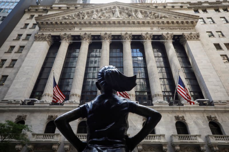 The front facade of the of the NYSE is seen in New York