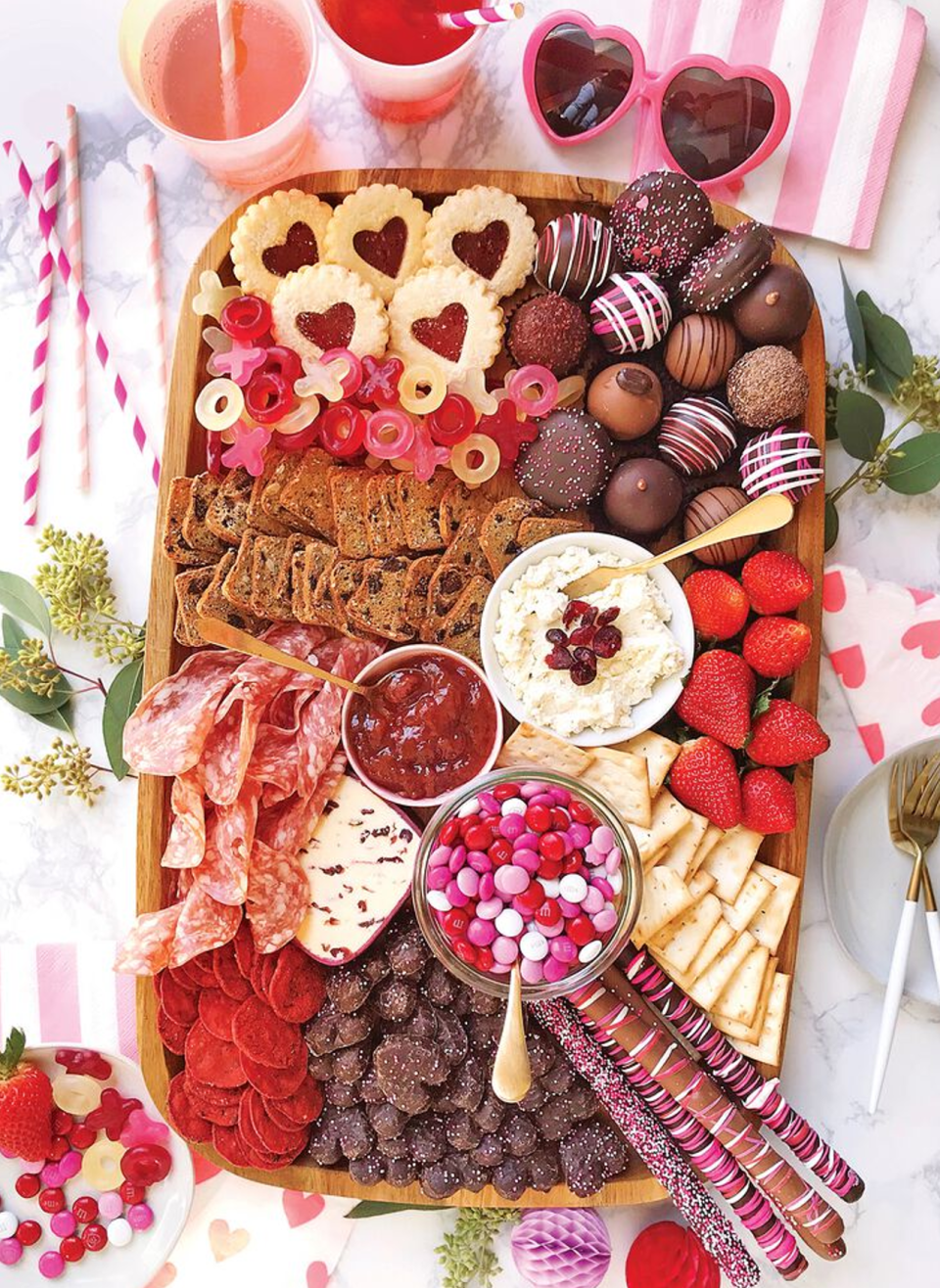 Sweet and savory valentine's charcuterie board