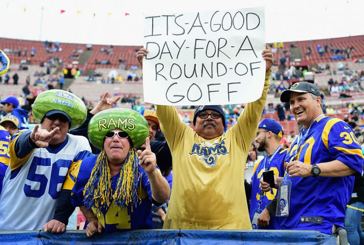 Delusional fans of last year’s Rams, presumably before they saw Jared Goff in action. (Photo by Harry How/Getty Images)