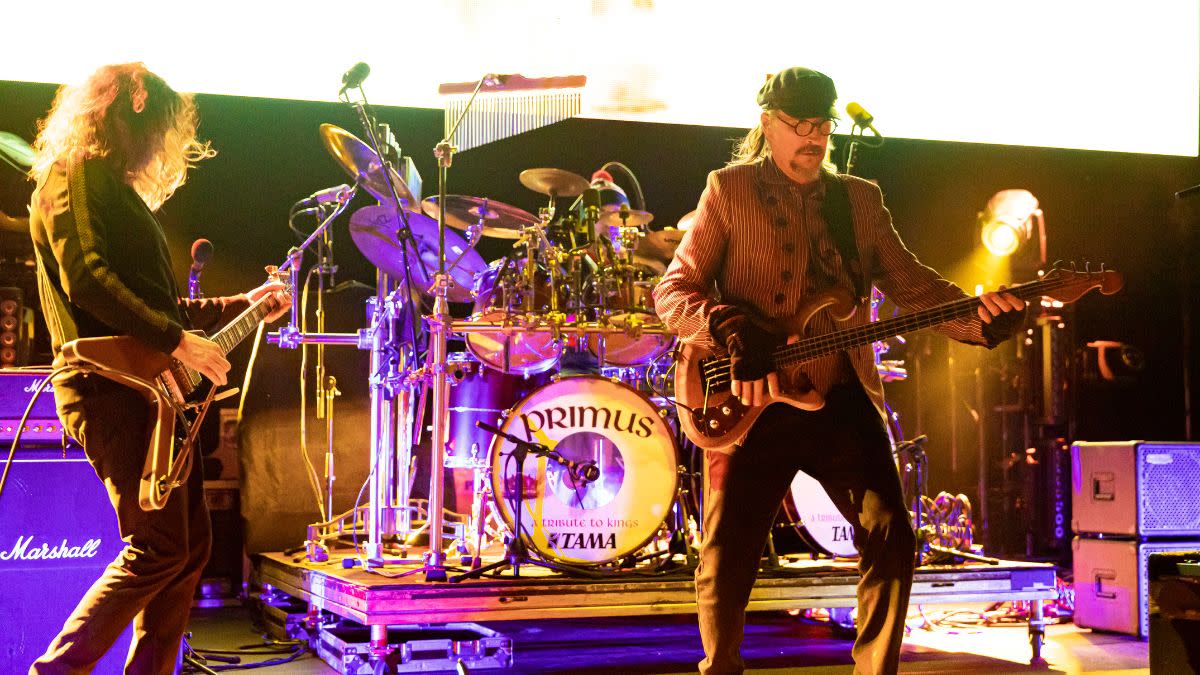  Larry "Ler" LaLonde, Tim "Herb" Alexander and Les Claypool of Primus perform at the Michigan Lottery Amphitheatre on September 22, 2021 in Sterling Heights, Michigan. 