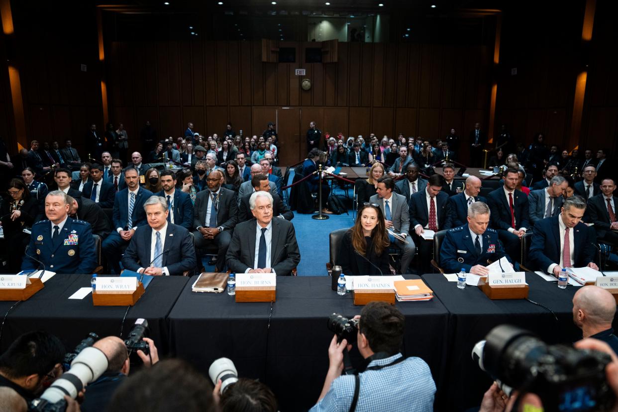 The Senate Select Committee on Intelligence holds a hearing on worldwide threats with directors of several intelligence agencies on March 11, 2024, in Washington.