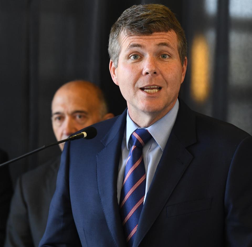 Mayors from Alabama’s ten largest cities gathered in Tuscaloosa for a meeting Monday, March 28, 2022. Walt Maddox, mayor of Tuscaloosa, speaks at a press conference at the conclusion of the event. 