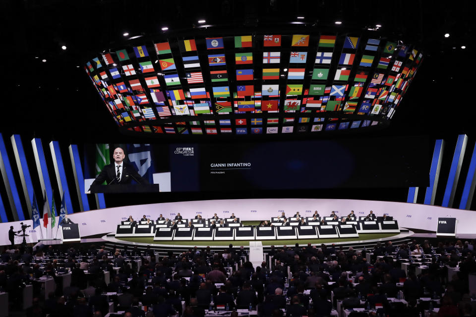 FIFA President Gianni Infantino delivers his speech during the 69th FIFA congress in Paris, Wednesday, June 5, 2019. Hours ahead of his re-election unopposed, Infantino tells 211 member federations that today “nobody talks about crisis.” (AP Photo/Alessandra Tarantino)