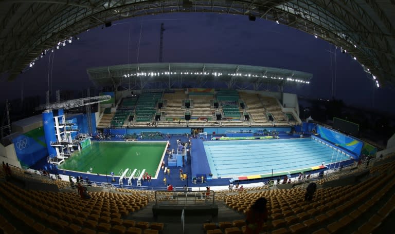 A general view shows the pool before the Women's Synchronised 10m Platform Final as part of the diving event at the Rio 2016 Olympic Games at the Maria Lenk Aquatics Stadium in Rio de Janeiro on August 9, 2016