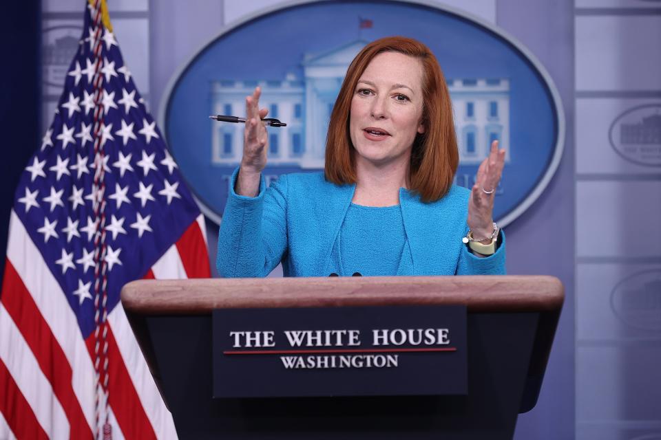 White House press secretary Jen Psaki talks to reporters during her daily news conference in the Brady Press Briefing room at the White House on Monday.