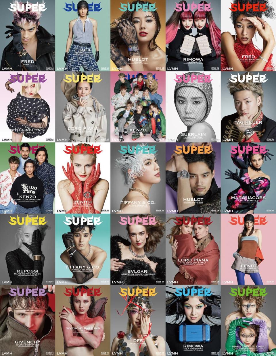 The spring 2024 issue of Super Magazine with 22 different covers spotlighting brands from LVMH’s portfolio.