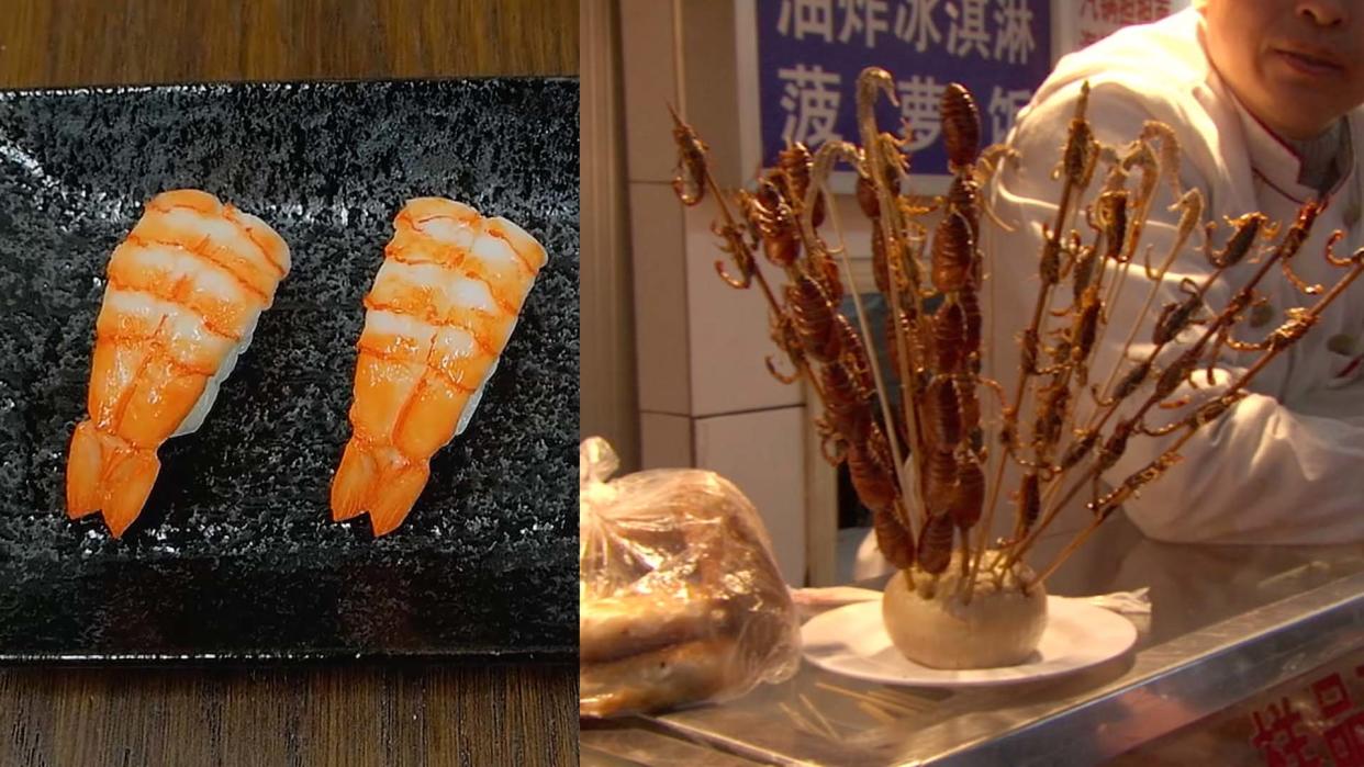 Cell-based shrimps from Shiok Meats; pictured next to cooked insects on a skewer at a street stall. (PHOTO: Shiok Meats, Getty Images)