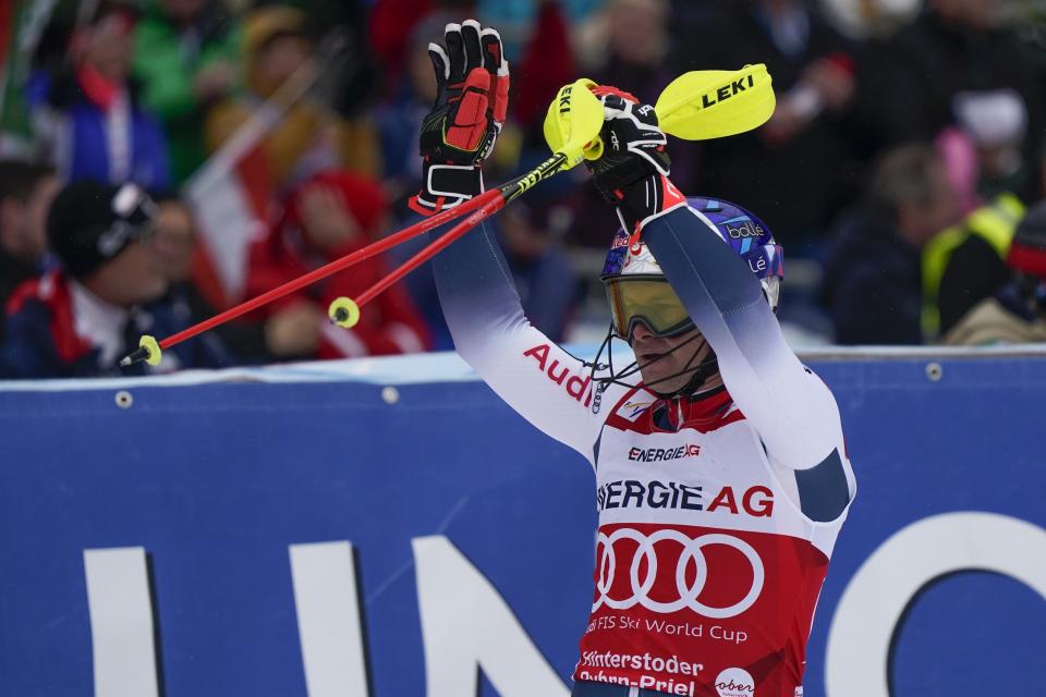 France's Alexis Pinturault gets to the finish area after completing an alpine ski, men's World Cup combined, in Hinterstoder, Austria, Sunday, March 1, 2020. (AP Photo/Giovanni Auletta)