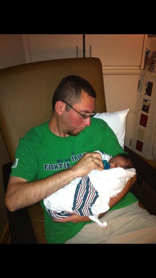 Here is a picture of my husband with our daughter, our first early morning feeding.  8-23-12, notified 4 hours before she was born, and when I called my husband to tell him we were matched, and the mom was in labor, he was rear ended by another car!! Everyone was safe, no damage, made it just in time to meet our baby girl!