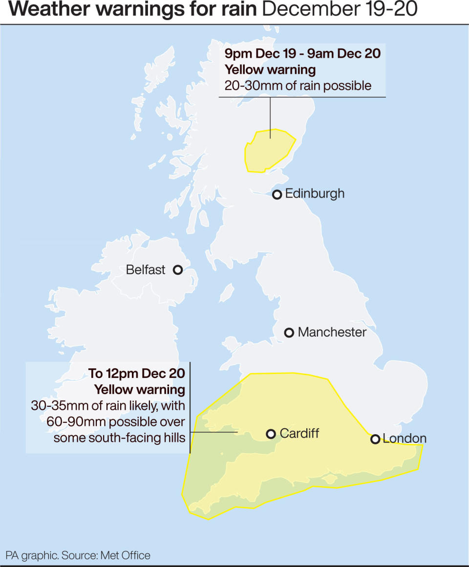 Weather warnings for rain. See story WEATHER Rain. Infographic PA Graphics