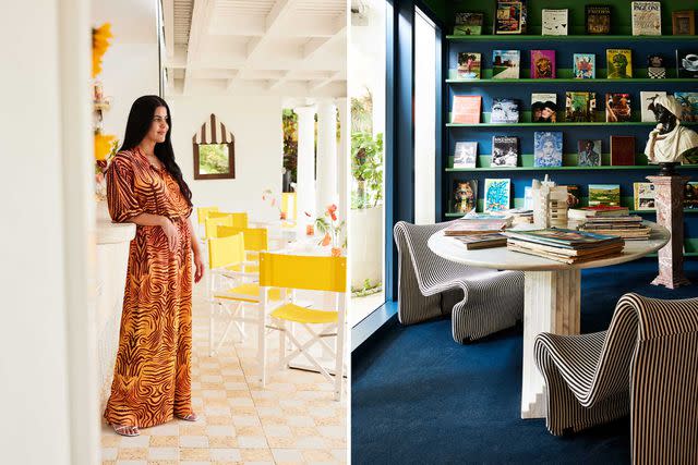 <p>Alpha Smoot</p> From left: Gabriella Khalil, founder and creative director of Palm Heights, in the hotel’s Coconut Club; photography and art books in the library at Palm Heights.