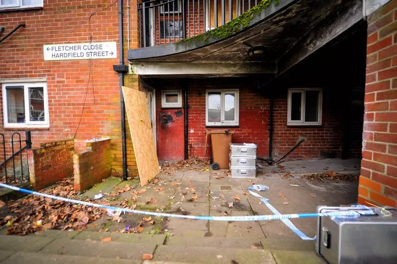 A police cordon in place at Mr Ives' flat on Hardfield Street in Heywood on February 5 last year -Credit:Vincent Cole - Manchester Evening News