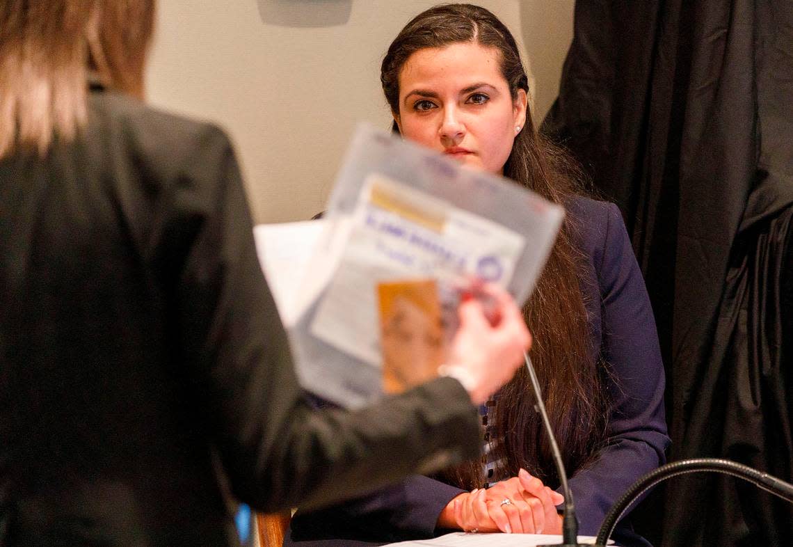 Prosecutor Savanna Goude questions Sara Zapata, a SLED forensic scientist, during the Alex Murdaugh trial at the Colleton County Courthouse in Walterboro, Monday, Feb. 13, 2023. Grace Beahm Alford/Staff