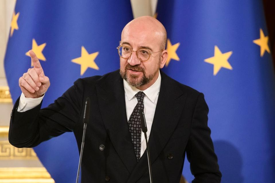 President of the European Council Charles Michel attends a joint press conference with Ukraine's President Volodymyr Zelensky and Moldova's President Maia Sandu in Kyiv on Nov. 21, 2023. (Maxym Marusenko/NurPhoto via Getty Images)