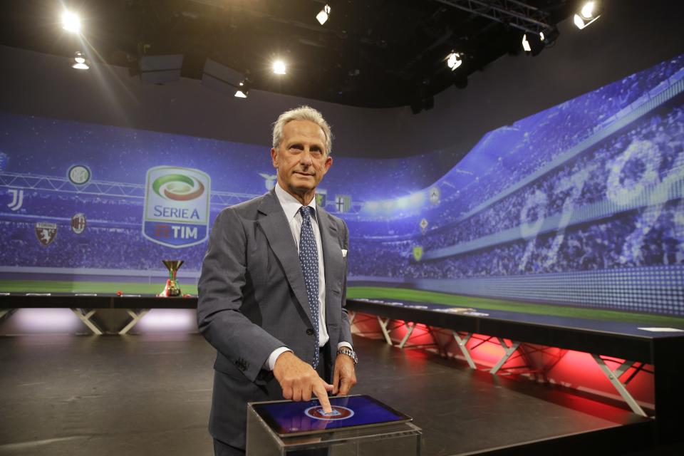 Gaetano Micciche', president of the Italian soccer league, attends the presentation of the 2018/19 Serie A calendar in Milan, Italy, Thursday, July 26, 2018. Cristiano Ronaldo will likely make his Juventus debut at Chievo Verona as the Bianconeri kick off their attempt to win a record-extending eighth league title at the Stadio Bentegodi. The 2018-19 Serie A fixtures have been announced and the opening weekend also sees Napoli visit Lazio. The season starts on Aug. 18 and finishes May 26. (AP Photo /Luca Bruno)