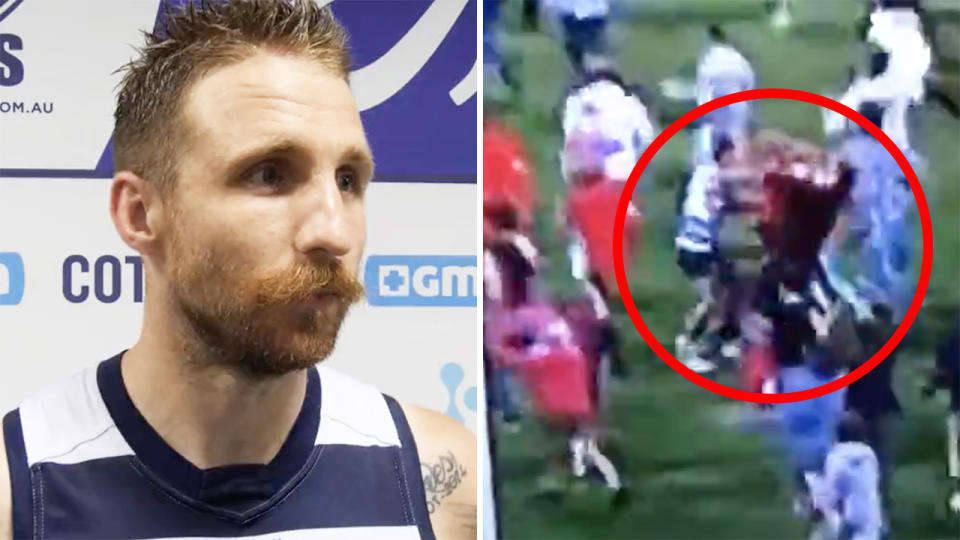 Geelong's Zach Tuohy, in the midst of the chaos following Lance Franklin's 1000th goal, chased down a fan who clattered into him and lost his phone and keys in the process, in order to return them. Pictures: Geelong Cats/Twitter