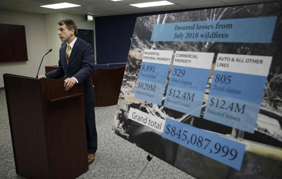 California Insurance Commissioner Dave Jones speaks during a news conference about the costs of recent wildfires Thursday, Sept. 6, 2018, in San Francisco. Jones released the first data on the total insurance claims reported for residential and commercial losses following the Carr and Mendocino Complex wildfires. Commissioner Jones also released updated data for the 2017 California wildfires and 2018 mudslides. (AP Photo/Eric Risberg)