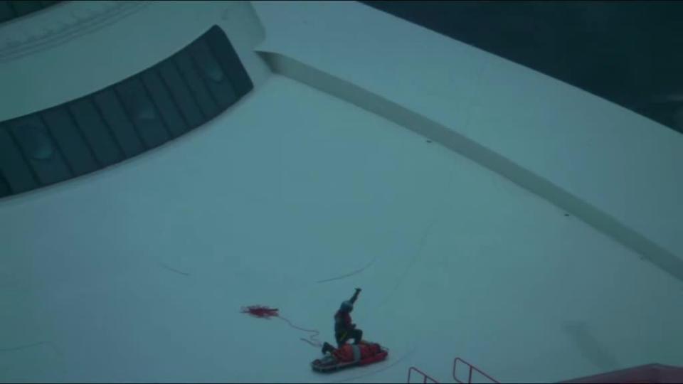 Once they arrived, the Jayhawk aircrew deployed a rescue swimmer onto the deck, who then prepared a basket to safely lift the woman onto the helicopter along with a doctor from the cruise ship.